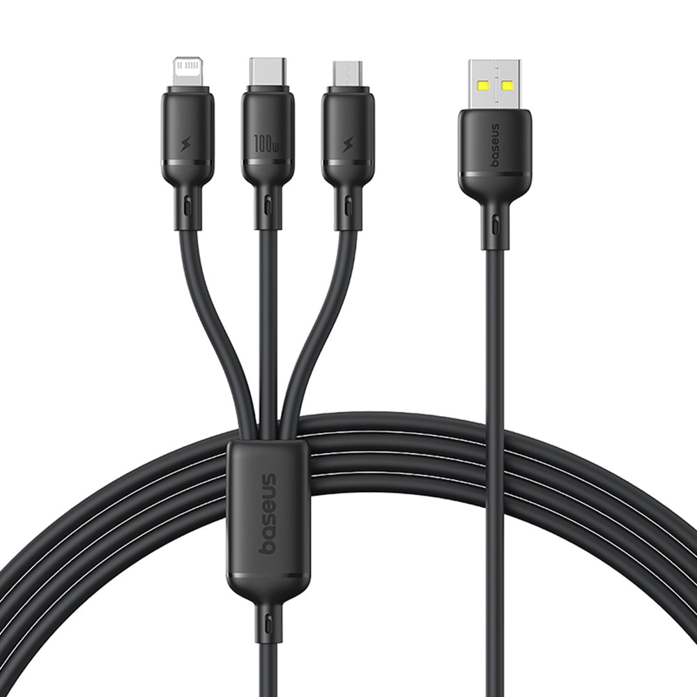 Polnilni kabel Baseus "Rapid Series" - 3v1 polnilni kabel iz USB v USB-C, Lightning in Micro USB priključke ter hitrim polnjenjem 100W - 1.5m - črn