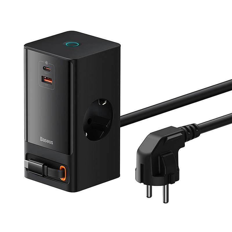 Pokončni polnilec in razdelilec Baseus "PowerCombo" 65W, z enim USB-C in enim USB-A vhodom, izvlečnim USB-C kablom in vtičnico - črn
