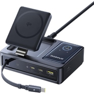 5v1 polnilna postaja Baseus "Nomos" 140W, s tremi USB-C vhodi, enim USB-A vhodom, izvlečnim USB-C kablom in Qi2 brezžično polnilno postajo  - črna