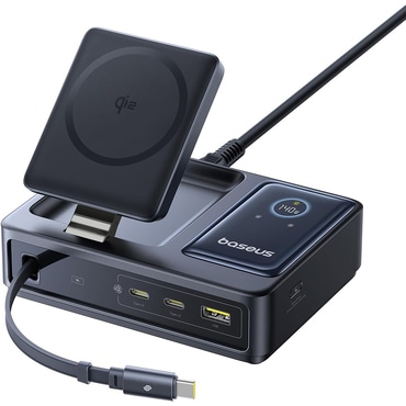 5v1 polnilna postaja Baseus "Nomos" 140W, s tremi USB-C vhodi, enim USB-A vhodom, izvlečnim USB-C kablom in Qi2 brezžično polnilno postajo  - črna