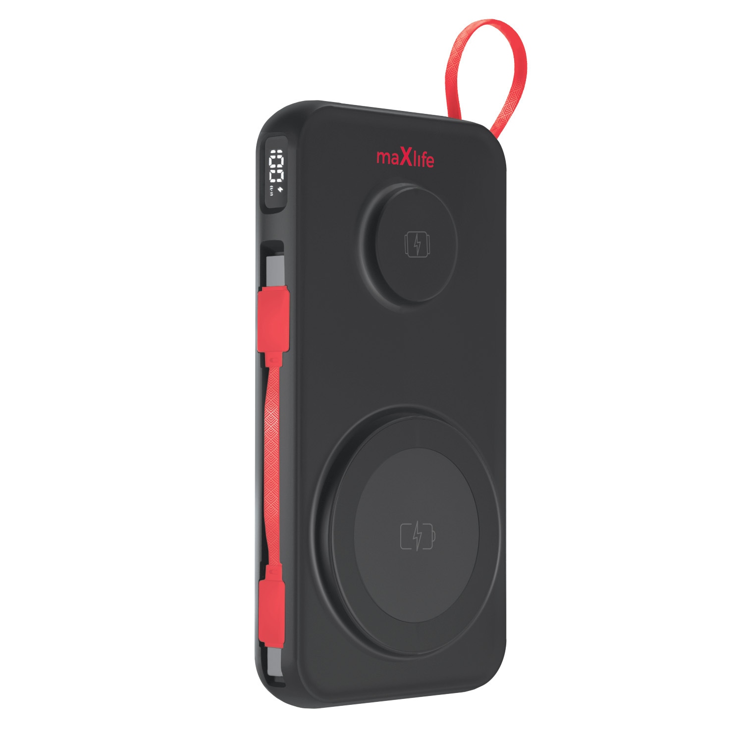 Power bank Maxlife "MXPB" 3v1 z enim USB-C in enim USB-A vhodom, vgrajenim izvlečnim USB-C kablom ter brezžičnim polnjenjem za vse QI naprave, 22.5W - 10000 mAh - črn