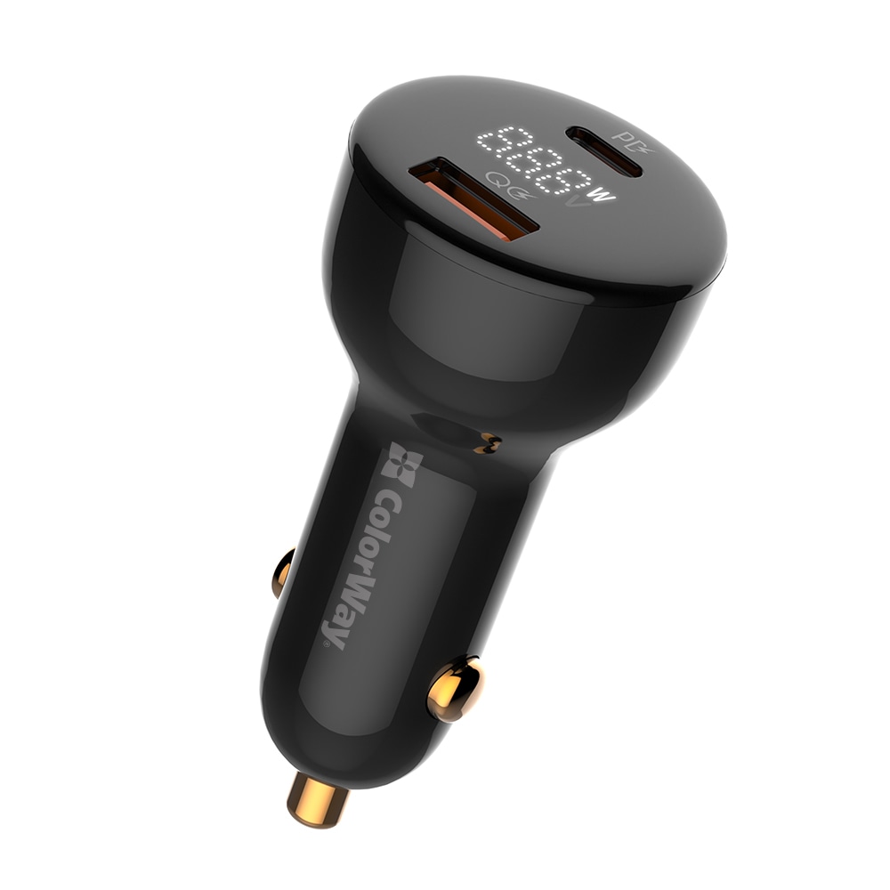 Avtopolnilec ColorWay z LED zaslonom, 100W super hitrim polnjenjem in Auto ID čipom - črn