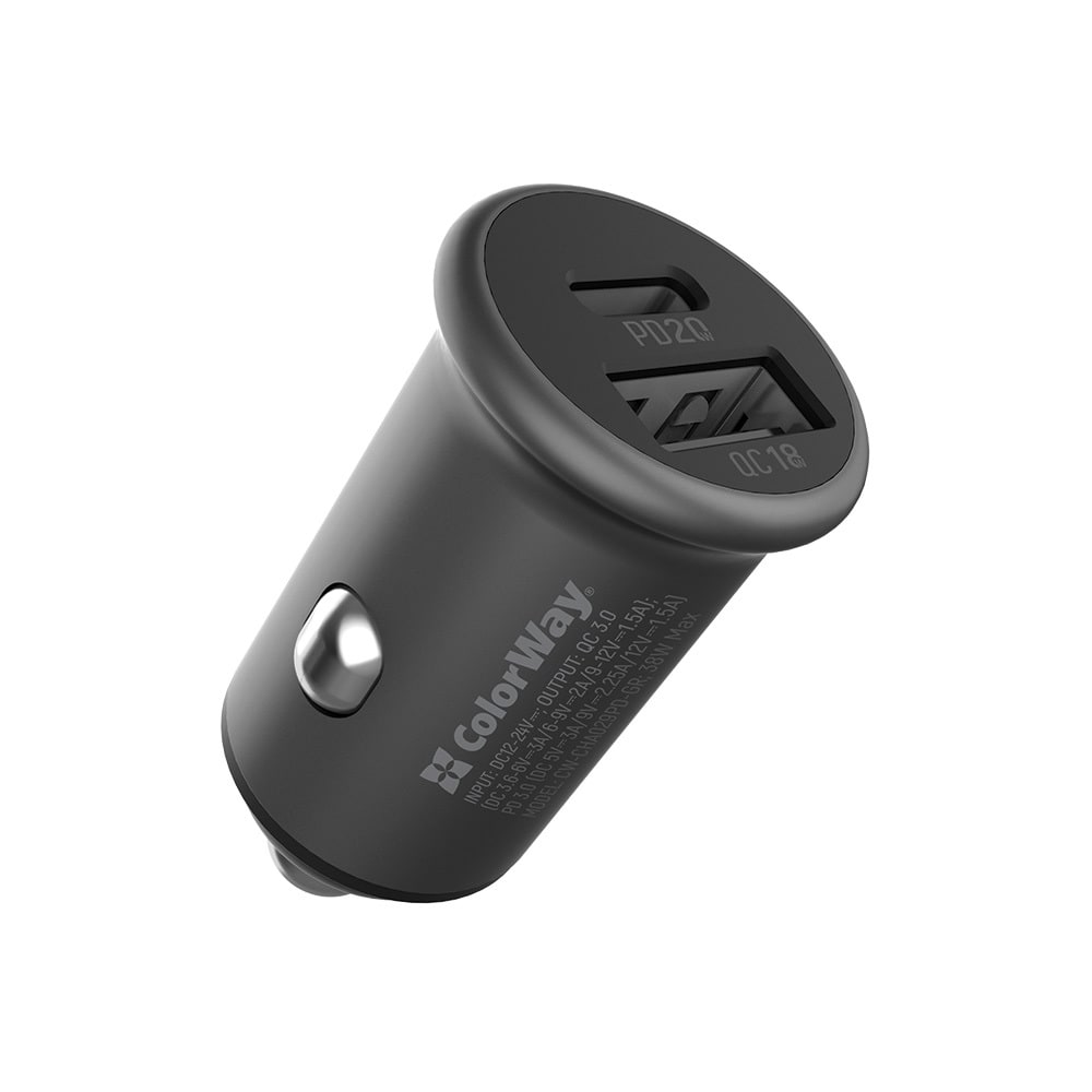 Mini avtopolnilec ColorWay z 38W močjo, PD 20W hitrim polnjenjem in Auto ID čipom - siv
