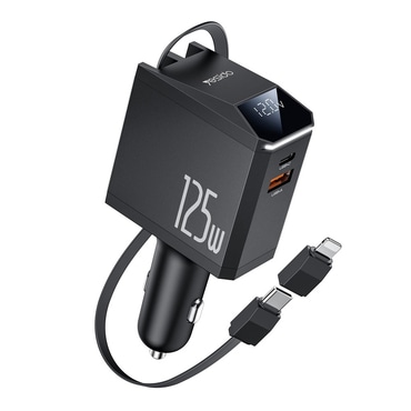 Avtopolnilec Yesido "Y71" 4v1 z USB-C in USB-A vhodom ter izvlečnim kablom USB-C in z Lightning adapterjem 125W in LED zaslonom - črn Avtopolnilec Yesido "Y71" 4v1 z USB-C in USB-A vhodom ter izvlečnim kablom USB-C in z Lightning adapterjem 125W in LED zaslonom - črn