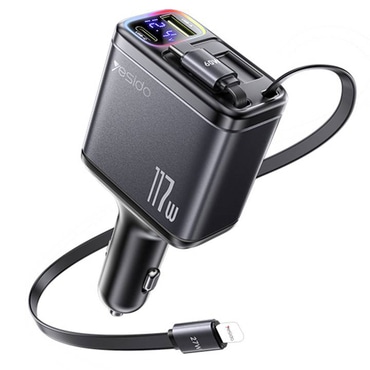 Avtopolnilec Yesido "Y63" 4v1 z USB-C in USB-A vhodom ter dvema izvlečnima kabloma USB-C in Lightning, 117W in LED zaslonom - črn Avtopolnilec Yesido "Y63" 4v1 z USB-C in USB-A vhodom ter dvema izvlečnima kabloma USB-C in Lightning, 117W in LED zaslonom - črn