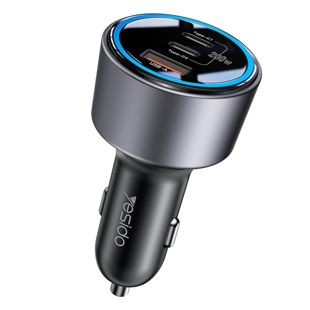 Avtopolnilec Yesido Y59 z 200W hitrim polnjenjem, LED osvetlitvijo in 3 priključki - črn