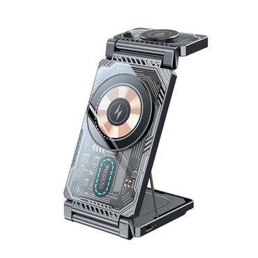 Brezžična, zložljiva 15W QI polnilna postaja 2v1 Yesido "DS25" s hitrim polnjenjem in vgrajenim stojalom - black