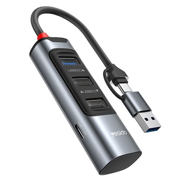HUB postaja Yesido 4v1 "HB19" s štirimi USB izhodi - 3x USB-A, 1x USB-C - 100W in 5Gbps - siv - USB-C in USB-A priključek