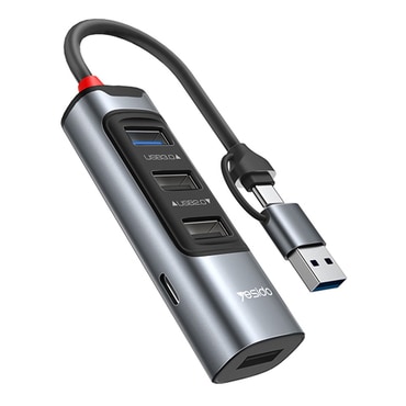 HUB postaja Yesido 5v1 "HB20" s petimi USB izhodi - 4x USB-A, 1x USB-C - 100W in 5Gbps - siv - USB-C in USB-A priključek
