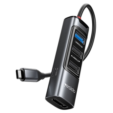 HUB postaja Yesido 5v1 "HB23" s štirimi USB izhodi - 3x USB-A, 1x USB-C in Display Port - 100W, 5Gbps in 4K - siv - USB-C priključek