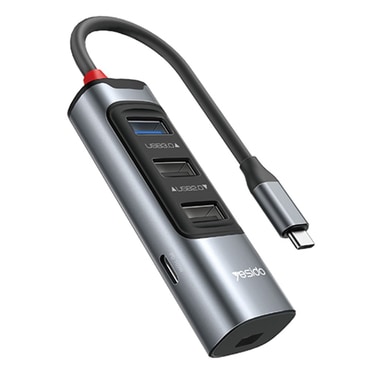 HUB postaja Yesido 5v1 "HB24" s štirimi USB izhodi - 3x USB-A, 1x USB-C in Mini Display Port - 100W, 5Gbps in 4K - siv - USB-C priključek