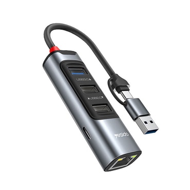 HUB postaja Yesido 5v1 "HB21" s štirimi USB izhodi - 3x USB-A, 1x USB-C in Ethernet RJ45 - 100W, 5Gbps in 100Mbps - siv - USB-C in USB-A priključek