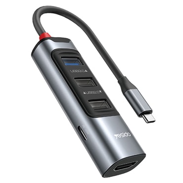 HUB postaja Yesido 5v1 "HB22" s štirimi USB izhodi - 3x USB-A, 1x USB-C in HDMI - 100W, 5Gbps in 4K - siv - USB-C priključek