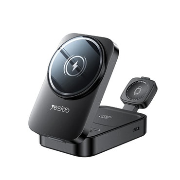 3v1 brezžična polnila postaja Yesido "DS27" za polnjenje telefona, pametne ure in slušalk hkrati - za vse Qi podprte naprave - črna