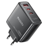 Stenski polnilni adapter Yesido "YC142" 100W z GaN tehnologijo, hitrim polnjenjem, 2x USB-C in 1x USB-A vhodom - črn