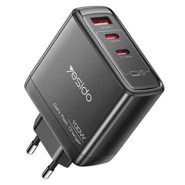Stenski polnilni adapter Yesido "YC142" 100W z GaN tehnologijo, hitrim polnjenjem, 2x USB-C in 1x USB-A vhodom - črn