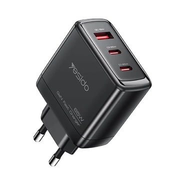 Stenski polnilni adapter Yesido "YC144C" 65W z GaN tehnologijo, hitrim polnjenjem, 2x USB-C in 1x USB-A vhodom ter priloženim USB-C kablom - 1m - črn