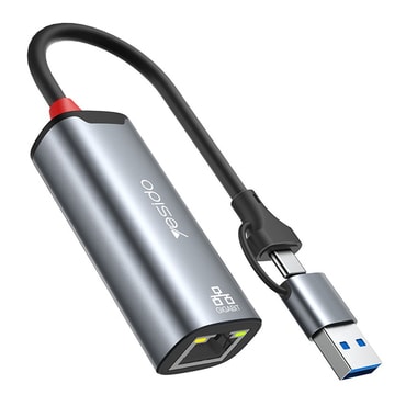 RJ45 ethernet adapter Yesido "HB26" z USB-A in USB-C priključkom, 1000 Mbps - siv