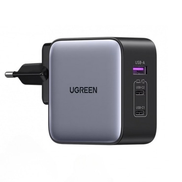 Stenski polnilec Ugreen CD296 65W z 1× USB-A in 2× USB-C izhodoma, GaN tehnologija - siv