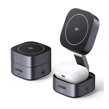 Brezžični polnilec Ugreen W702 3v1 z MagSafe, Qi2 hitrim polnjenjem in zložljivim dizajnom - črn