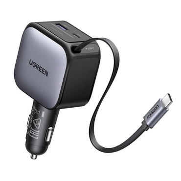 Avtopolnilec Ugreen EC602 60W z izvlečnim USB-C kablom in dvema dodatnima izhodoma - siv