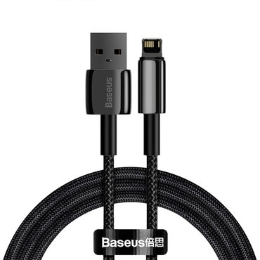 Pleten polnilni in podatkovni 20W USB-A v Lightning kabel Baseus "Tungsten Gold" - 2m - črn