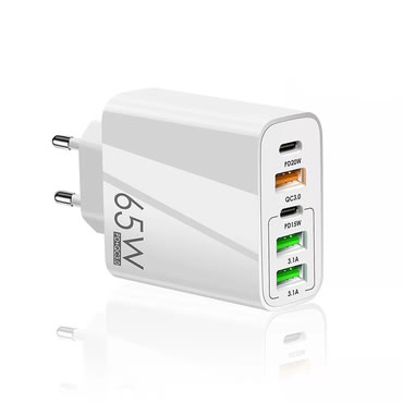 Stenski polnilni adapter 65W Techsuit PentaxPower "CHC2" GaN, s tremi USB in dvema USB-C izhodoma - bel