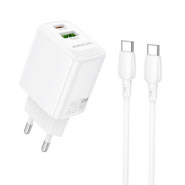 Stenski 20W GaN polnilec Borofone Fuente BN27 z USB in USB-C izhodom - polnilec + USB-C kabel - bel