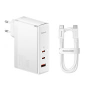 Stenski polnilni adapter 140W, 2x USB-C, 1x USB-A s priloženim USB-C kablom Baseus "GaN5 Pro" - bel